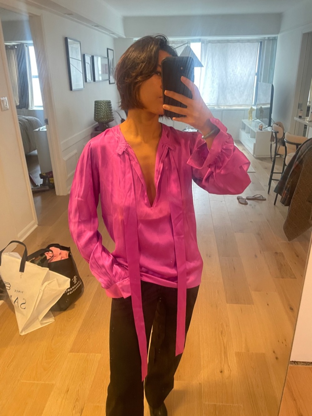 Vintage Saint Laurent Silk Tie-Neck Blouse in Fuchsia - Picture 5 of 13